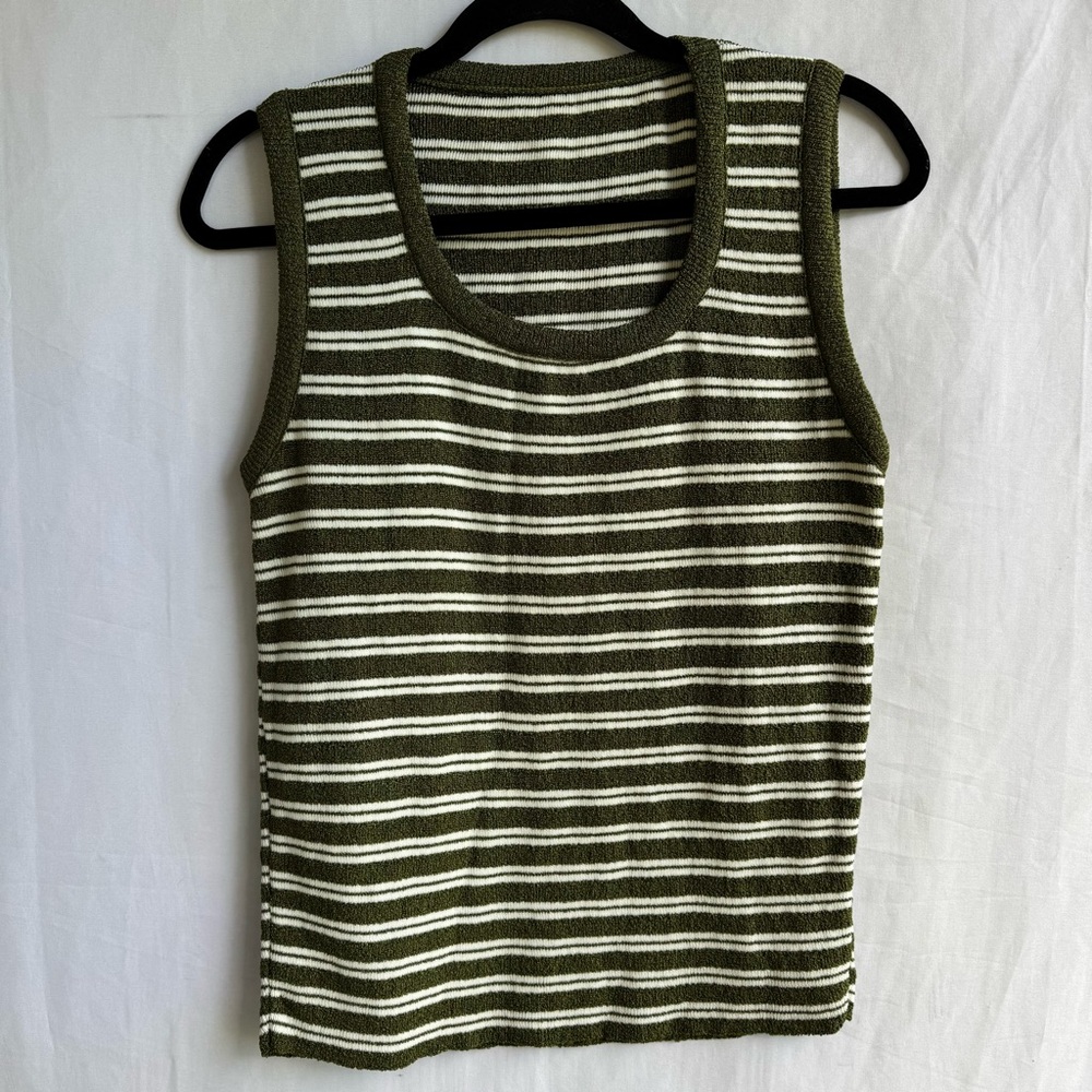 Vintage Olive Green & White striped Chenille Knit Tank Top